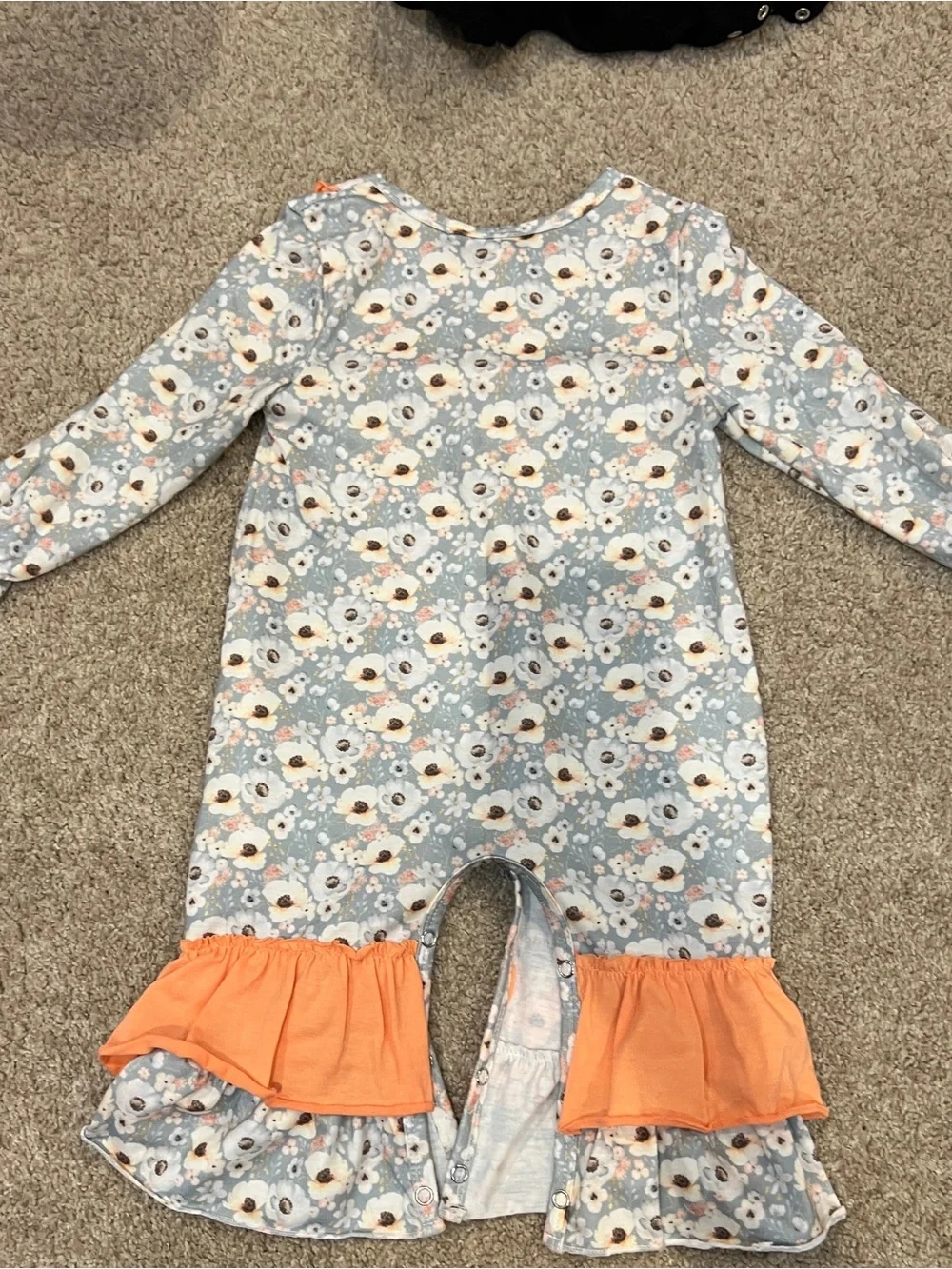 Girls Floral Ruffle One-Piece Thanksgiving Romper with Orange Trim